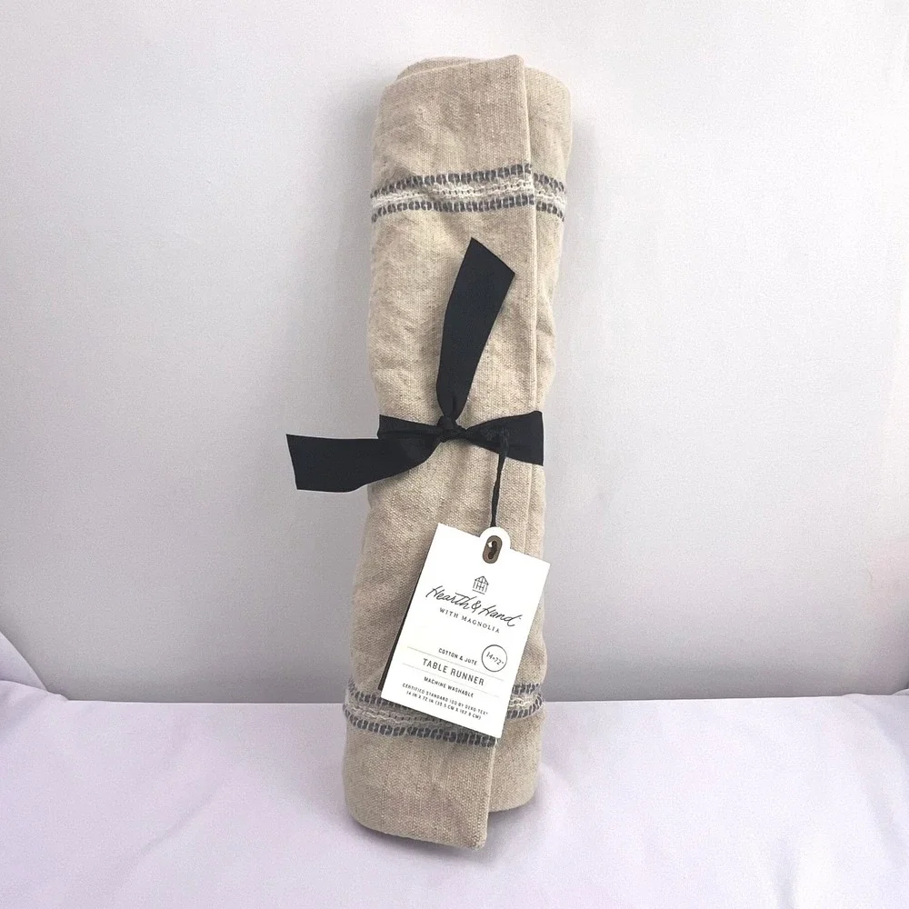 Hearth & Hand Magnolia Cotton Jute Table Runner 14x72 Blue Stripe Farmhouse NEW